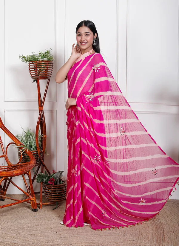 Pink_Pure_Chiffon_Leheriya_Mirror_Work_Sarees_For_Women