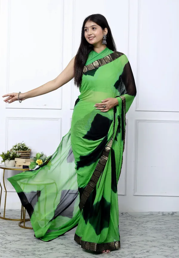 Green_Pure_Chiffon_Trendy_Checked_Lehriya_Chiffon_Sarees_For_Women