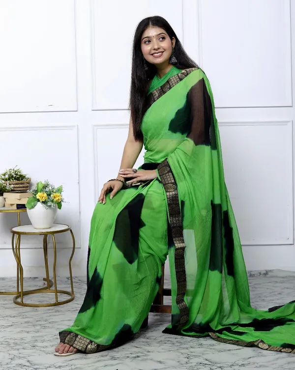 Green_Pure_Chiffon_Trendy_Checked_Lehriya_Chiffon_Sarees_For_Women