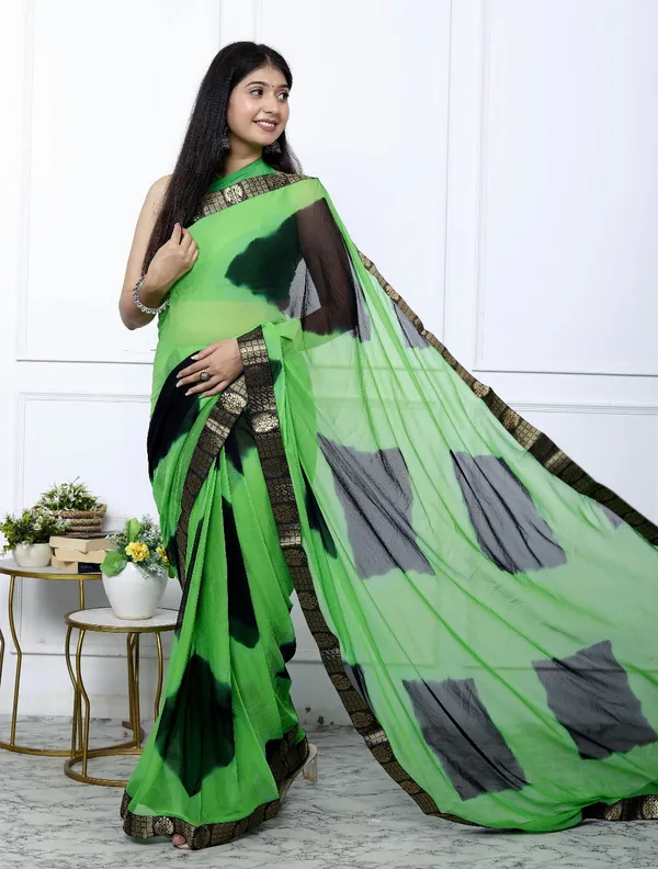 Green_Pure_Chiffon_Trendy_Checked_Lehriya_Chiffon_Sarees_For_Women