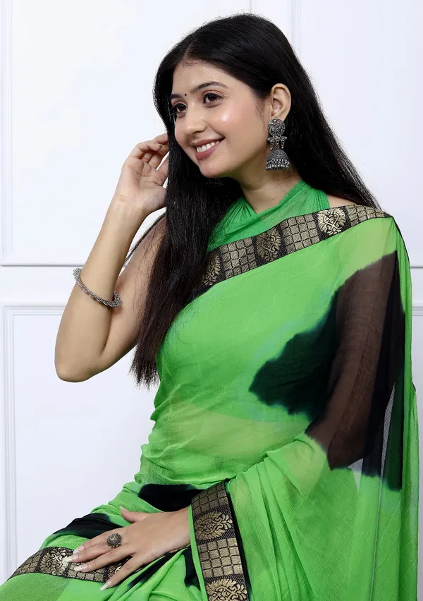 Green_Pure_Chiffon_Trendy_Checked_Lehriya_Chiffon_Sarees_For_Women