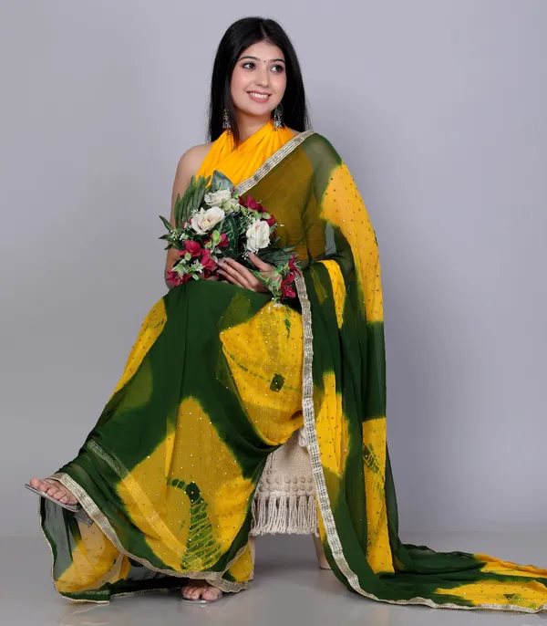 Green_Trendy_Chiffon_Printed_Printed_Bandhini_Check_Printed_Stone_Work_Sarees_For_Women