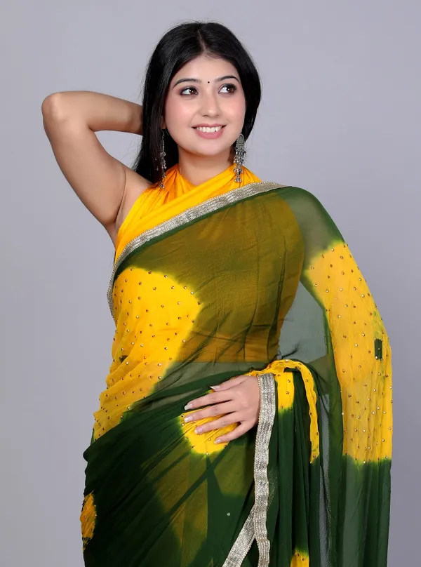 Green_Trendy_Chiffon_Printed_Printed_Bandhini_Check_Printed_Stone_Work_Sarees_For_Women
