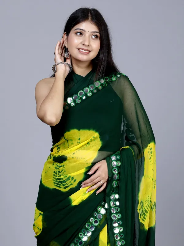 Green_Pure_Chiffon_Mirror_Work_Bandhani_Printed_Sarees_For_Women