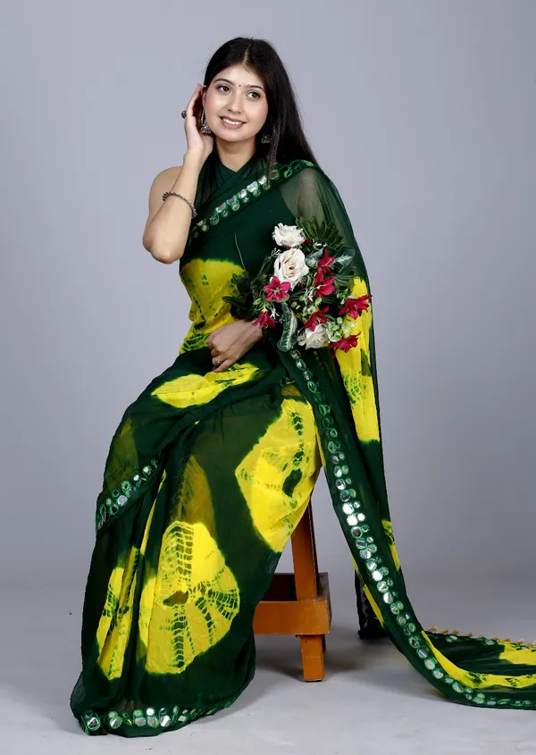 Green_Pure_Chiffon_Mirror_Work_Bandhani_Printed_Sarees_For_Women