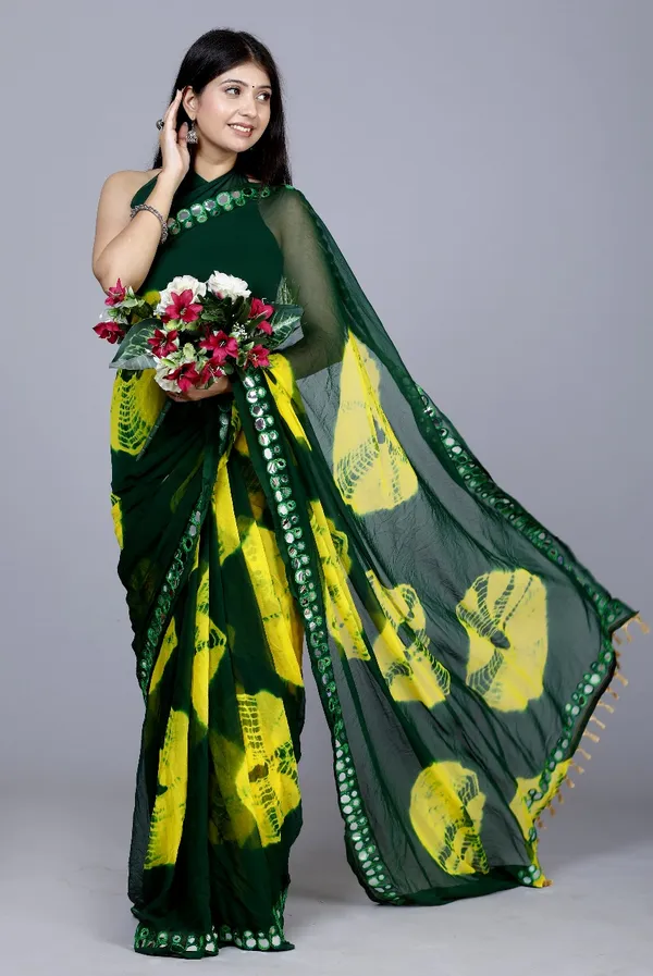 Green_Pure_Chiffon_Mirror_Work_Bandhani_Printed_Sarees_For_Women