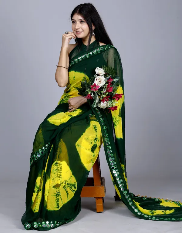 Green_Pure_Chiffon_Mirror_Work_Bandhani_Printed_Sarees_For_Women