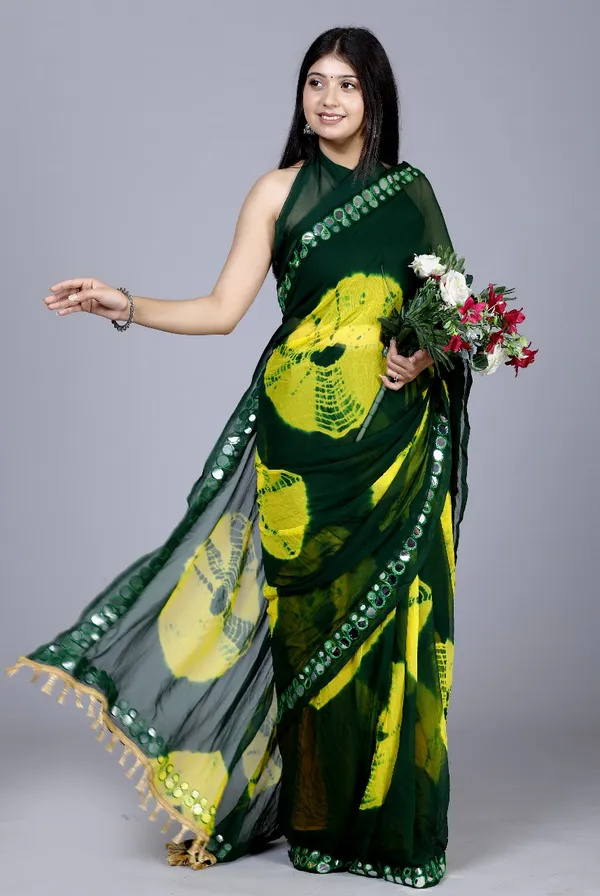 Green_Pure_Chiffon_Mirror_Work_Bandhani_Printed_Sarees_For_Women