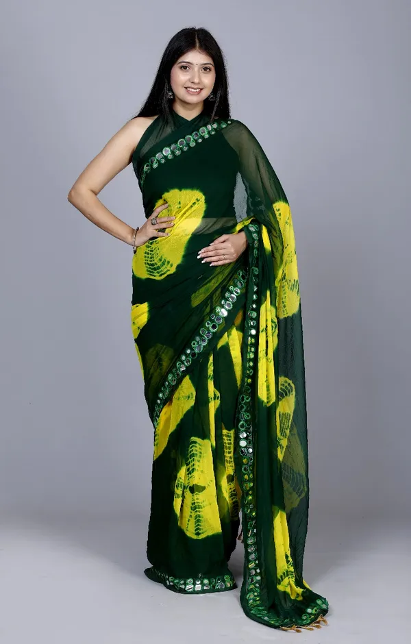 Green_Pure_Chiffon_Mirror_Work_Bandhani_Printed_Sarees_For_Women