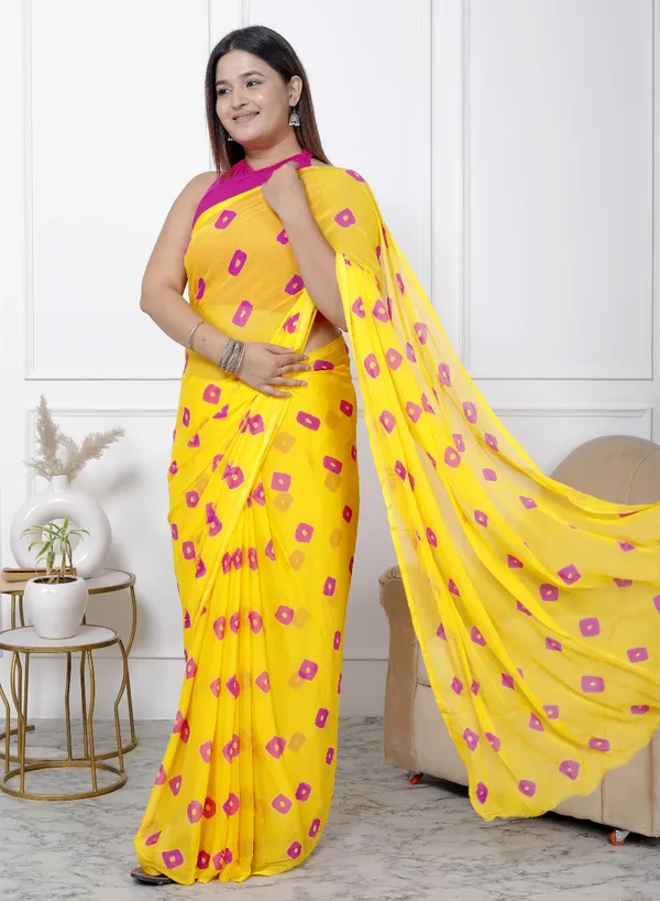 Yellow_Pure_Chiffon_Printed_Bandhani_Printed_Sarees_For_Women