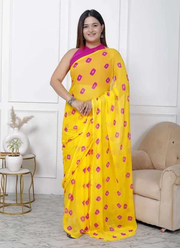 Yellow_Pure_Chiffon_Printed_Bandhani_Printed_Sarees_For_Women