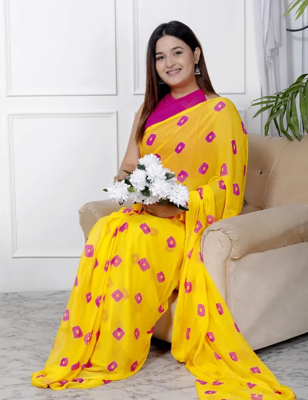 Yellow_Pure_Chiffon_Printed_Bandhani_Printed_Sarees_For_Women