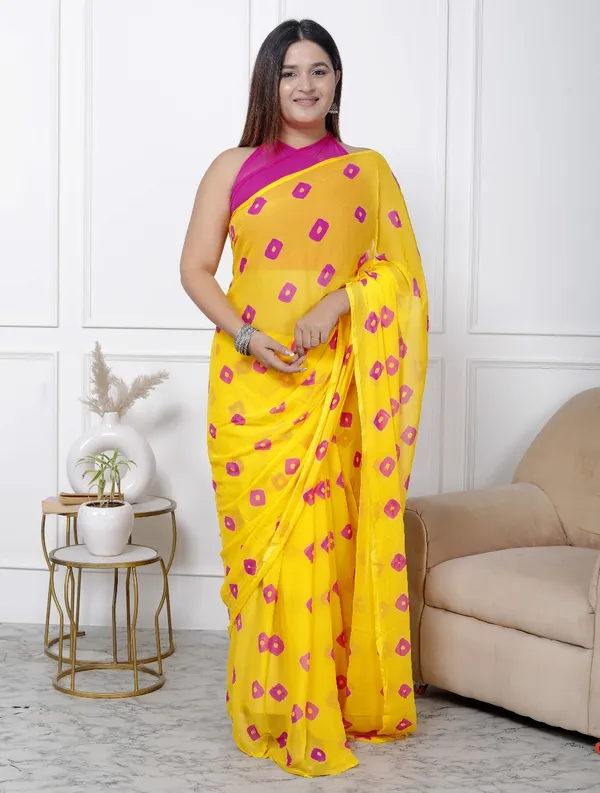 Yellow_Pure_Chiffon_Printed_Bandhani_Printed_Sarees_For_Women