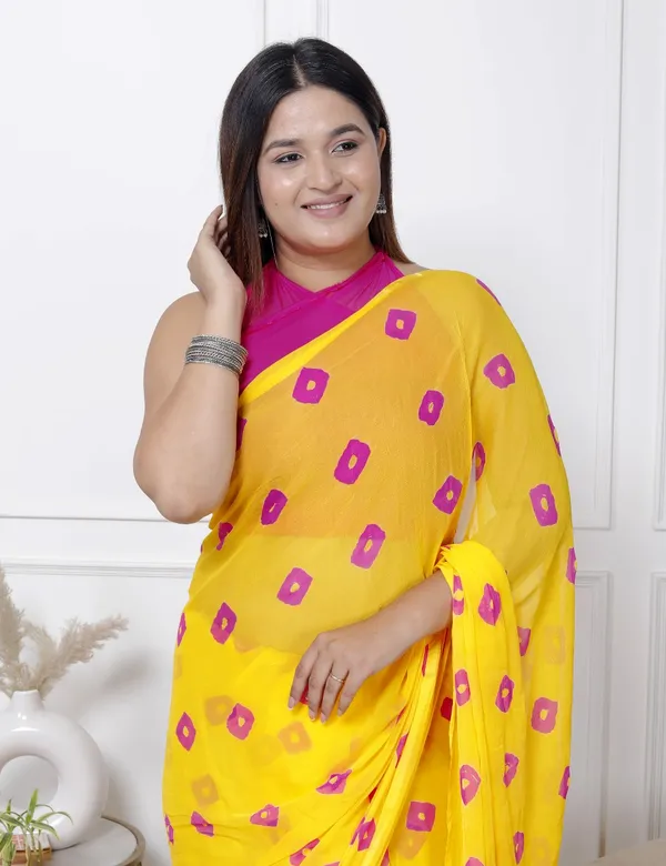 Yellow_Pure_Chiffon_Printed_Bandhani_Printed_Sarees_For_Women