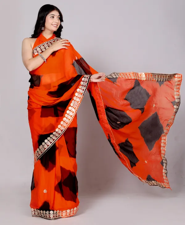 Black_Pure_Chiffon_Gotta_Patti_Work_Leheriya_Designer_Printed_Sarees_For_Women