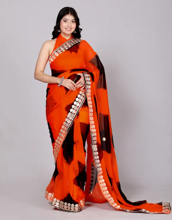 Black_Pure_Chiffon_Gotta_Patti_Work_Leheriya_Designer_Printed_Sarees_For_Women