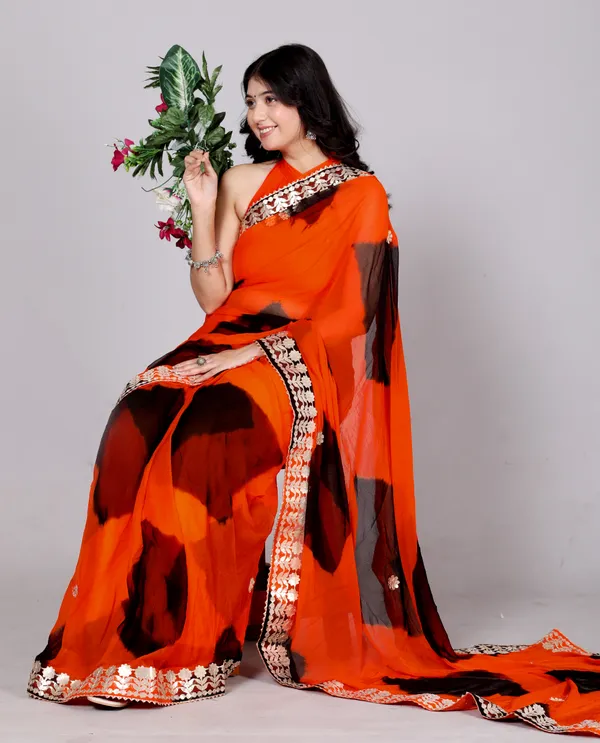 Black_Pure_Chiffon_Gotta_Patti_Work_Leheriya_Designer_Printed_Sarees_For_Women