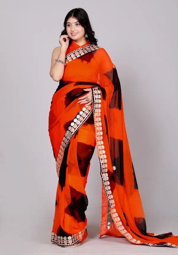 Black_Pure_Chiffon_Gotta_Patti_Work_Leheriya_Designer_Printed_Sarees_For_Women