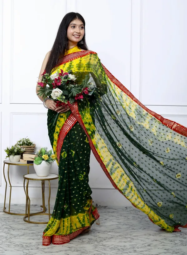 Green_Pure_Chiffon_Trendy_Checked_Bandhini_Chiffon_Sarees_For_Women