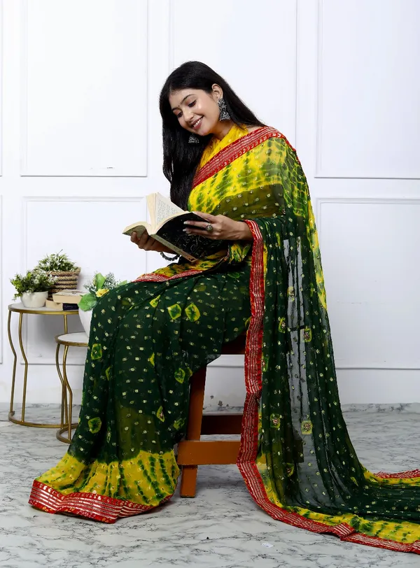 Green_Pure_Chiffon_Trendy_Checked_Bandhini_Chiffon_Sarees_For_Women