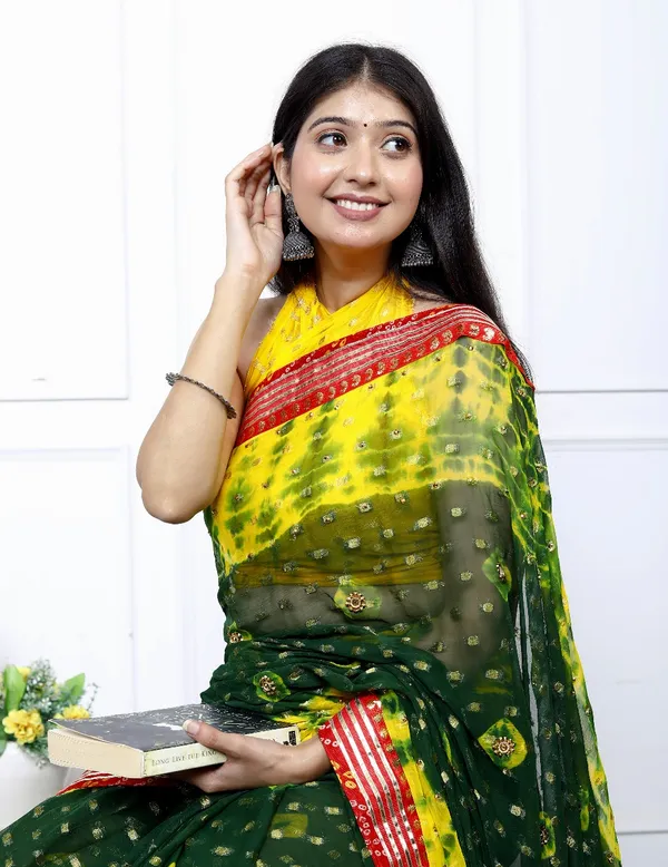 Green_Pure_Chiffon_Trendy_Checked_Bandhini_Chiffon_Sarees_For_Women
