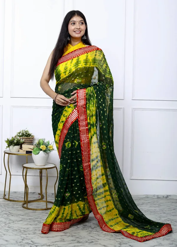 Green_Pure_Chiffon_Trendy_Checked_Bandhini_Chiffon_Sarees_For_Women