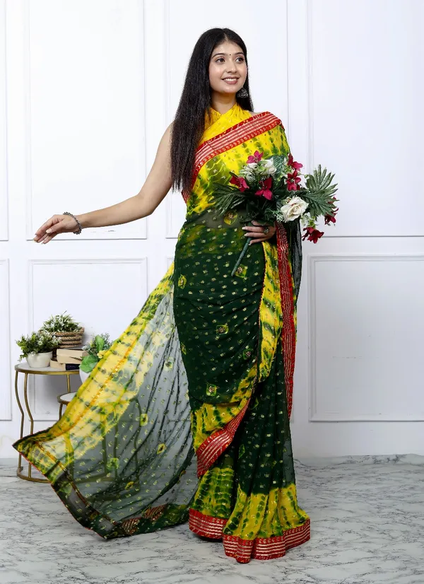 Green_Pure_Chiffon_Trendy_Checked_Bandhini_Chiffon_Sarees_For_Women