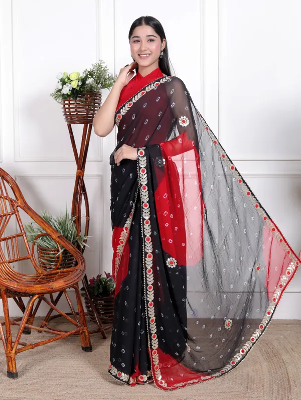 Black_Pure_Chiffon_Bandhani_Bandej_Gotta_Patti_Sarees_For_Women