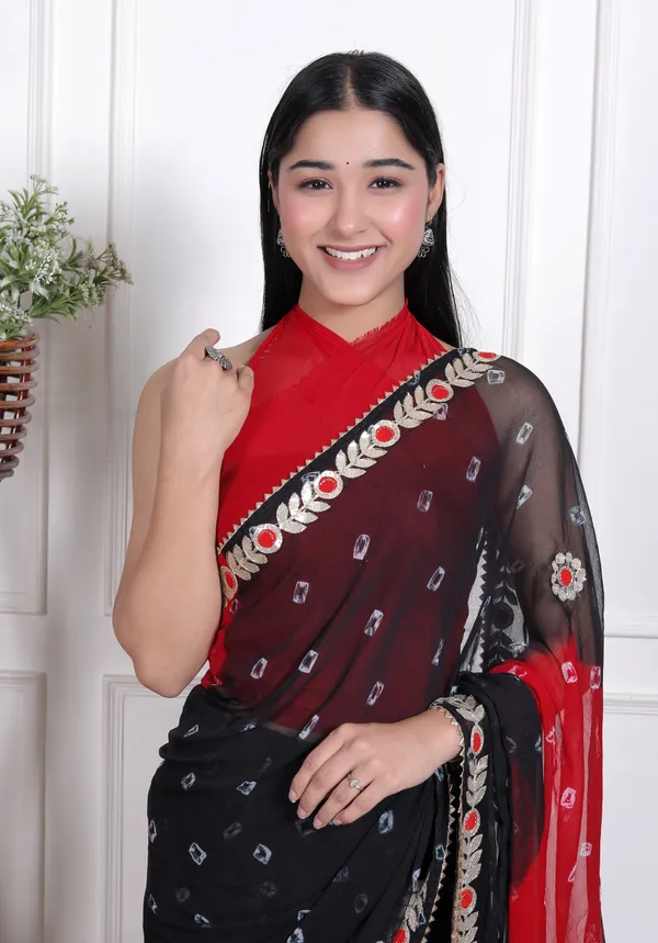 Black_Pure_Chiffon_Bandhani_Bandej_Gotta_Patti_Sarees_For_Women