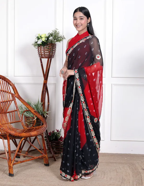 Black_Pure_Chiffon_Bandhani_Bandej_Gotta_Patti_Sarees_For_Women