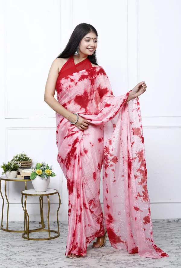 Pink_Pure_Chiffon_Trendy_Checked_Bandhini_Chiffon_Sarees_For_Women