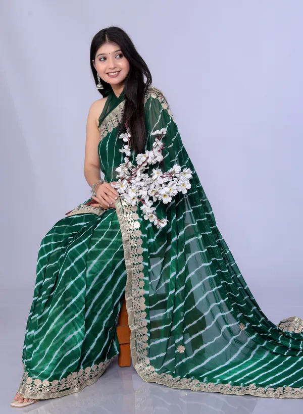 Green_Pure_Chiffon_Gotta_Patti_Work_Leheriya_Designer_Printed_Sarees_For_Women
