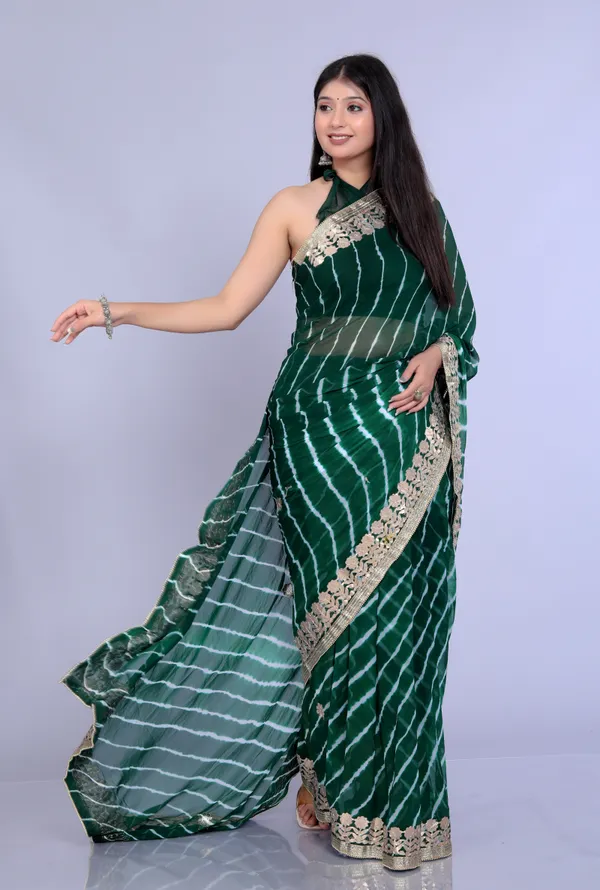Green_Pure_Chiffon_Gotta_Patti_Work_Leheriya_Designer_Printed_Sarees_For_Women