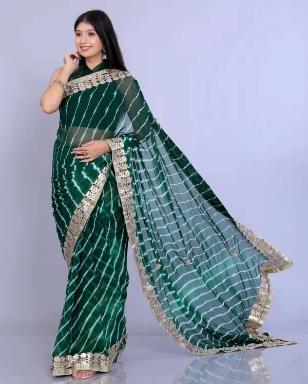 Green_Pure_Chiffon_Gotta_Patti_Work_Leheriya_Designer_Printed_Sarees_For_Women