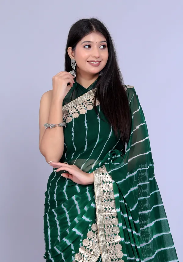 Green_Pure_Chiffon_Gotta_Patti_Work_Leheriya_Designer_Printed_Sarees_For_Women