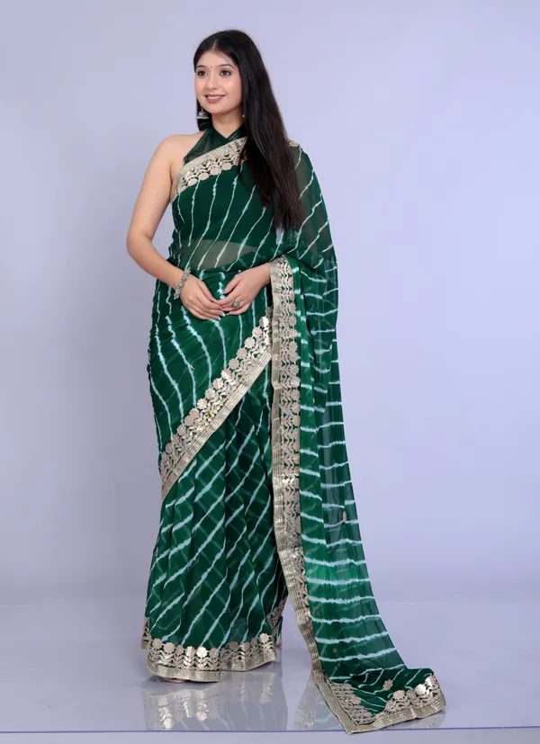 Green_Pure_Chiffon_Gotta_Patti_Work_Leheriya_Designer_Printed_Sarees_For_Women