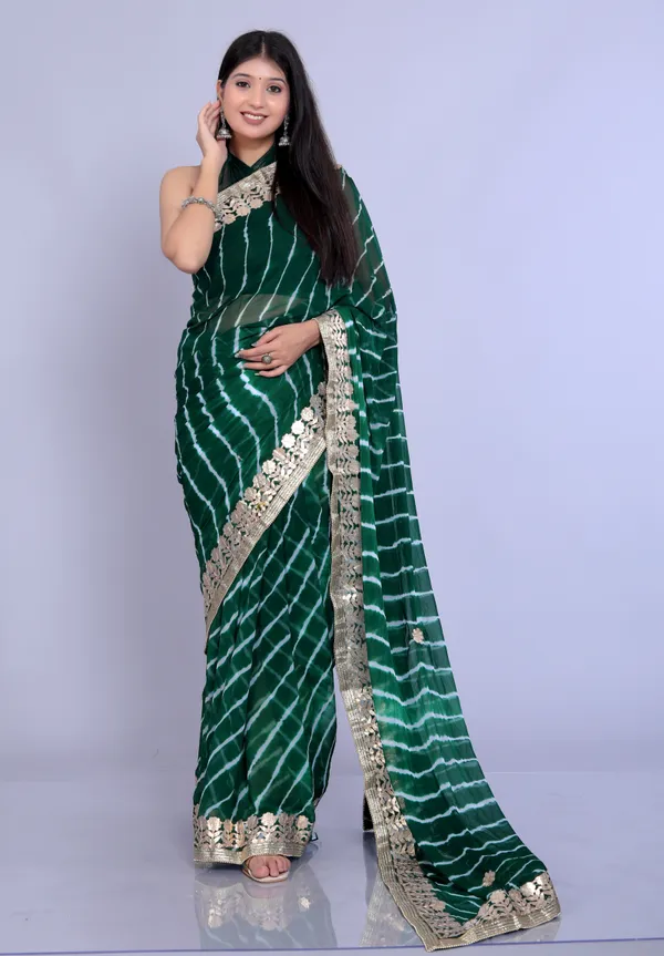 Green_Pure_Chiffon_Gotta_Patti_Work_Leheriya_Designer_Printed_Sarees_For_Women