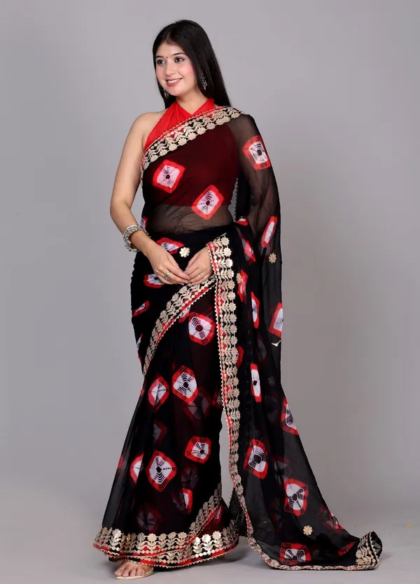 Black_Trendy_Printed_Chiffon_Bandhini_Gotta_Patti_Work_Sarees_For_Women