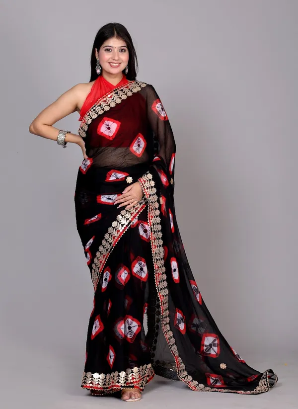 Black_Trendy_Printed_Chiffon_Bandhini_Gotta_Patti_Work_Sarees_For_Women