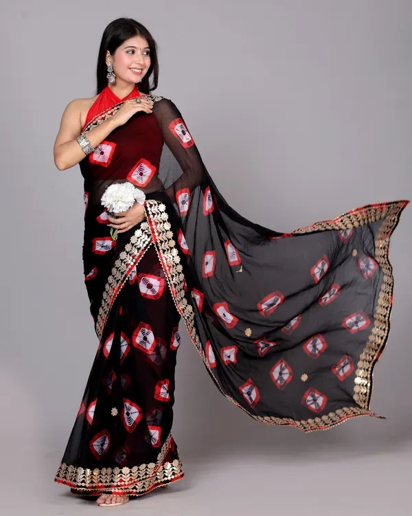 Black_Trendy_Printed_Chiffon_Bandhini_Gotta_Patti_Work_Sarees_For_Women
