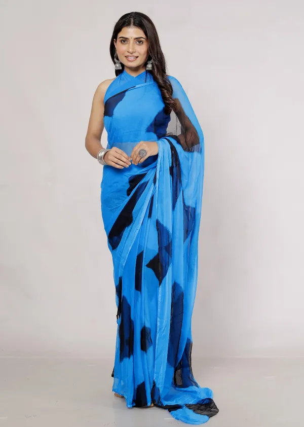 Blue_Pure_Chiffon_Printed_Checked_Printed_Sarees_For_Women