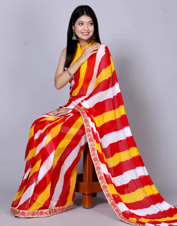 Yellow_Pure_Chiffon_Leheriya_Embroidered_Border_Sarees_For_Women
