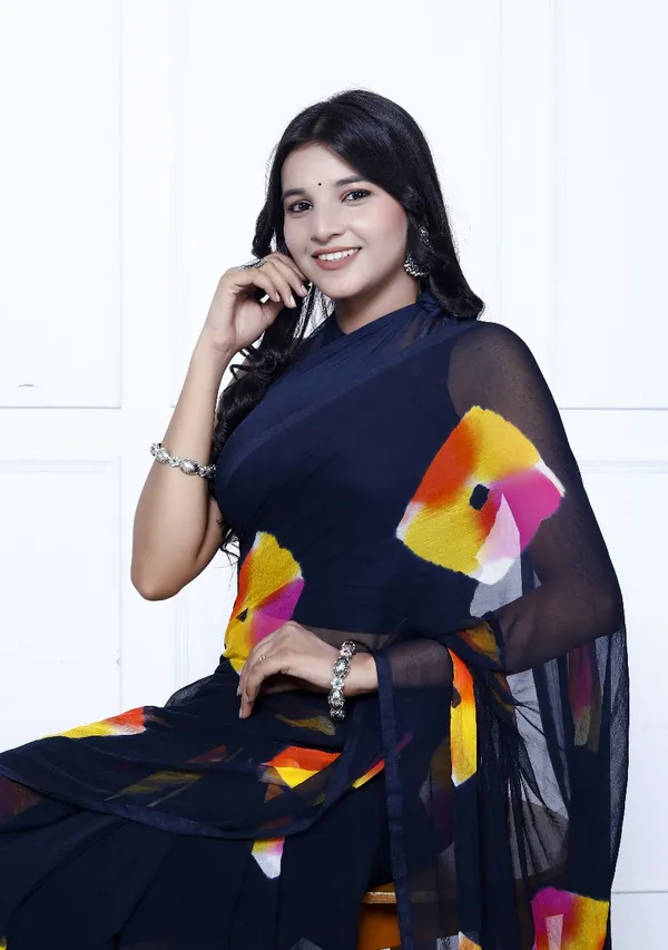 Black_Pure_Chiffon_Trendy_Checked_Bandhini_Chiffon_Sarees_For_Women