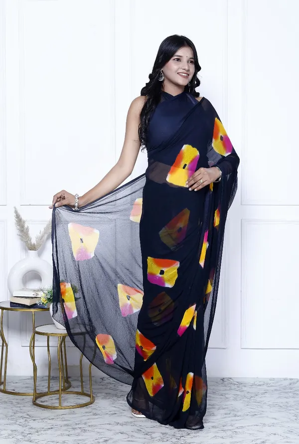 Black_Pure_Chiffon_Trendy_Checked_Bandhini_Chiffon_Sarees_For_Women