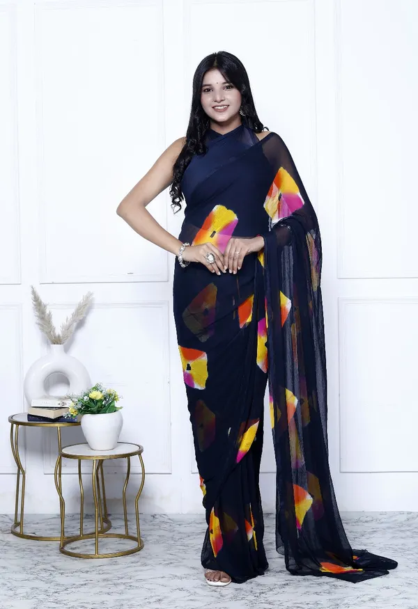 Black_Pure_Chiffon_Trendy_Checked_Bandhini_Chiffon_Sarees_For_Women