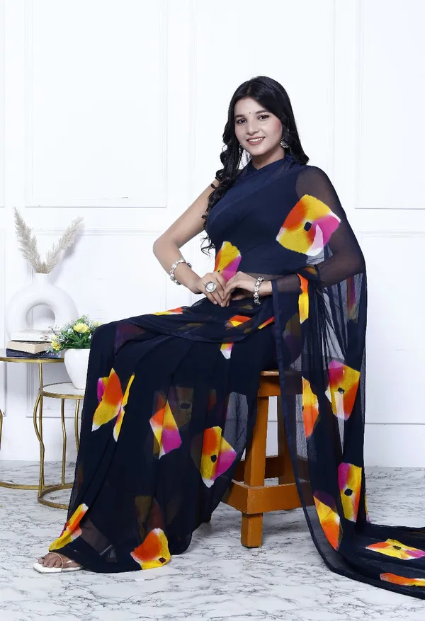 Black_Pure_Chiffon_Trendy_Checked_Bandhini_Chiffon_Sarees_For_Women
