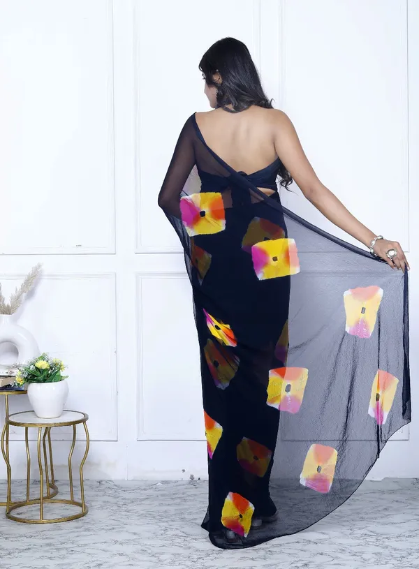 Black_Pure_Chiffon_Trendy_Checked_Bandhini_Chiffon_Sarees_For_Women