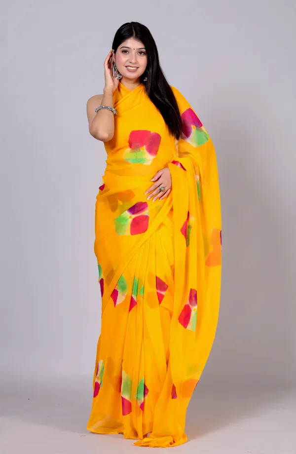 Yellow_Bandhani_Printed_Chiffon_Printed_Sarees_For_Women