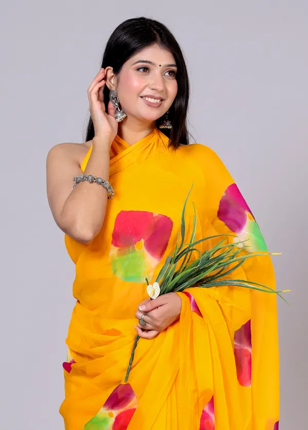 Yellow_Bandhani_Printed_Chiffon_Printed_Sarees_For_Women
