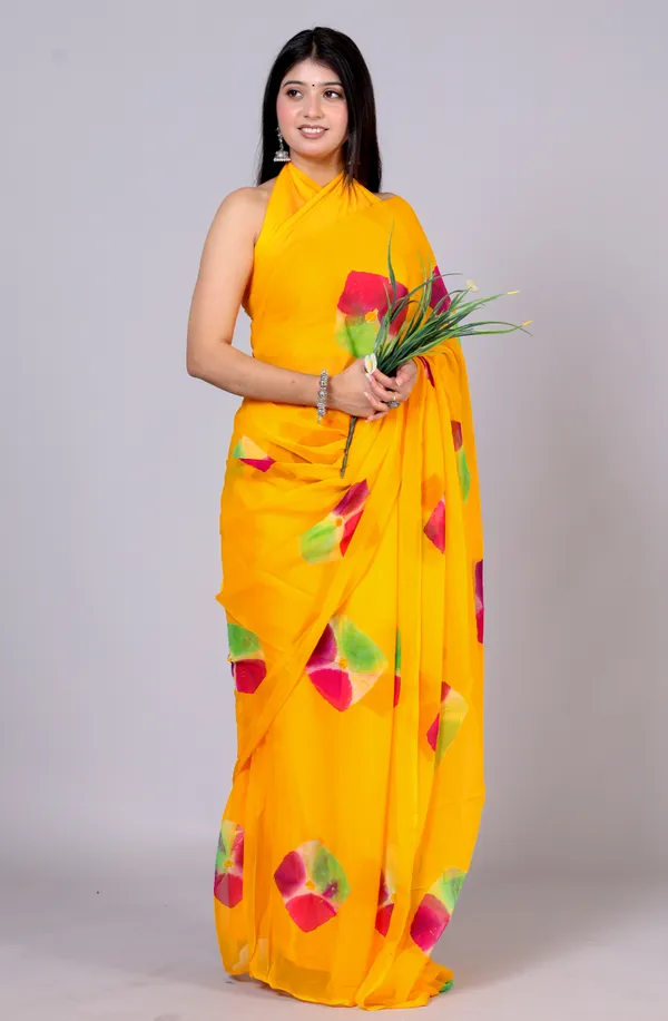 Yellow_Bandhani_Printed_Chiffon_Printed_Sarees_For_Women